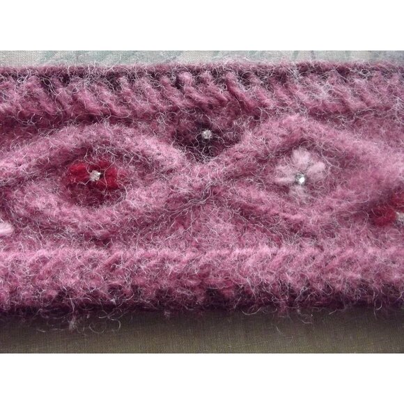 Pink Knit Button Scarf or Headband Wine Burgundy embroidered Floral rhinestones - Picture 5 of 9